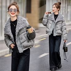 短款羽绒服女2024冬新款小个子今年流行漂亮灰色羊羔毛大翻领外套，女装羽绒服，瑶迪依秀