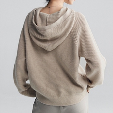 秋冬款系扣连帽衫女宽松大码羊毛帽衫针织半开扣毛衣打底衫厚，女装羊毛衫，米鹿服饰