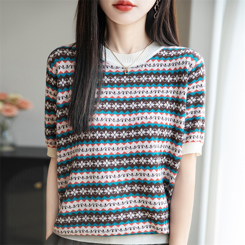 高级感凉爽冰丝拼色针织短袖T恤女圆领复古半袖上衣宽松休闲打底，女装T恤，羿纯羊绒高端店