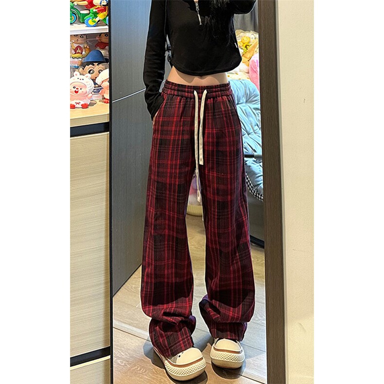 红色格子裤子男秋季潮流日杂风垂感拖地裤潮牌大码直筒宽松休闲裤图片