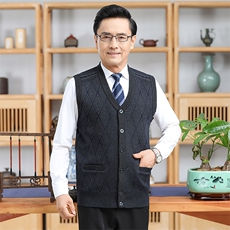 秋冬季马季开衫加绒加厚中老年背心坎肩男装无袖毛衣爸爸装，男装针织衫/毛衣，钱塘6003（原4033）