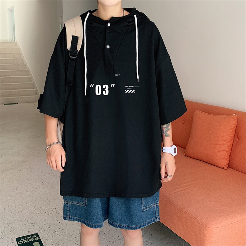 LD54128-P45连帽短袖t恤男大码胖子带帽五分袖中袖,男装T恤,电商A040