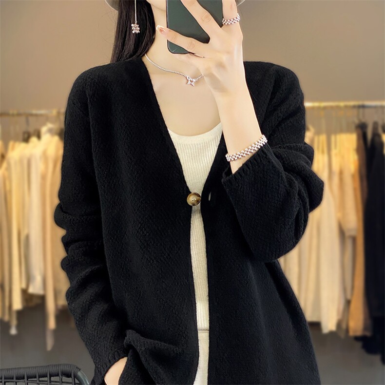 24秋冬新款100%纯羊绒开衫女一粒扣V领宽松百搭长袖羊毛针织外套,女装羊毛衫,片语羊绒