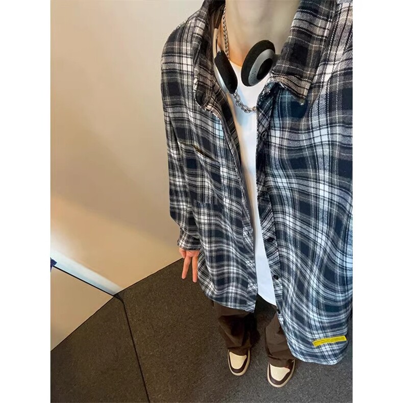 1014-1-WF02-P38-美式复古格子衬衫男秋季潮牌vibe高街长袖衬衣,男装衬衫,星座1014-1