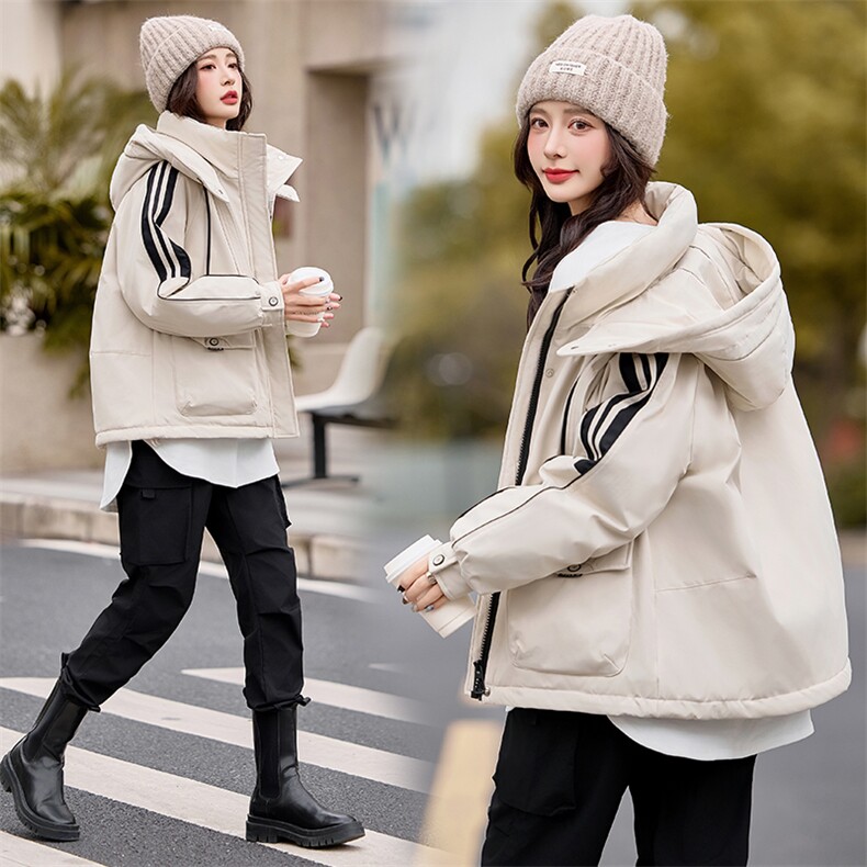 休闲时尚撞色工装派克羽绒服女2024冬新款加厚连帽保暖白鸭绒外套,女装羽绒服,采品优优
