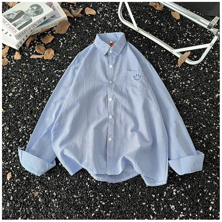情侣笑脸刺绣条纹衬衫长袖外套宽松学院休闲衬衣TR346P38，男装衬衫，星座1013-1