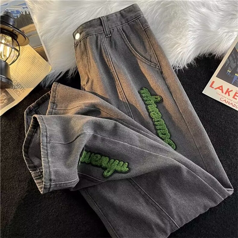 植绒字母阔腿牛仔裤男美式hiphop裤子ins高街潮直筒长裤5098-p48,男装牛仔裤,星座1008-1