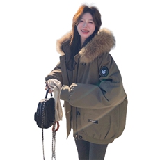 韩版大毛领连帽工装白鸭绒羽绒派克服女冬新款小个子休闲加厚外套，女装羽绒服，2C218