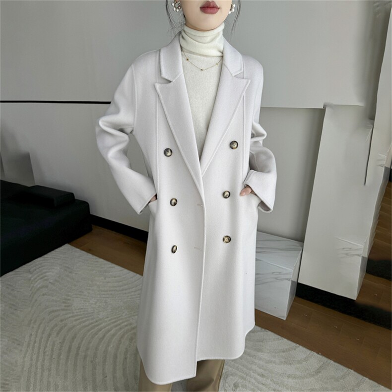 2025年秋季新款百搭女士POLO领长袖双排扣中长款大衣，女装双面呢大衣，鹿展羊绒大衣