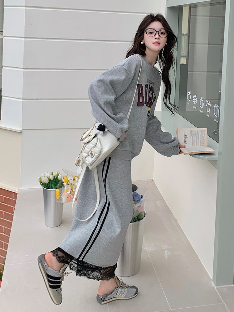 慵懒风灰色卫衣套装裙女2025春季新款设计感蕾丝拼接半身裙两件套,女装套装/套裙,浙宝103（原192）