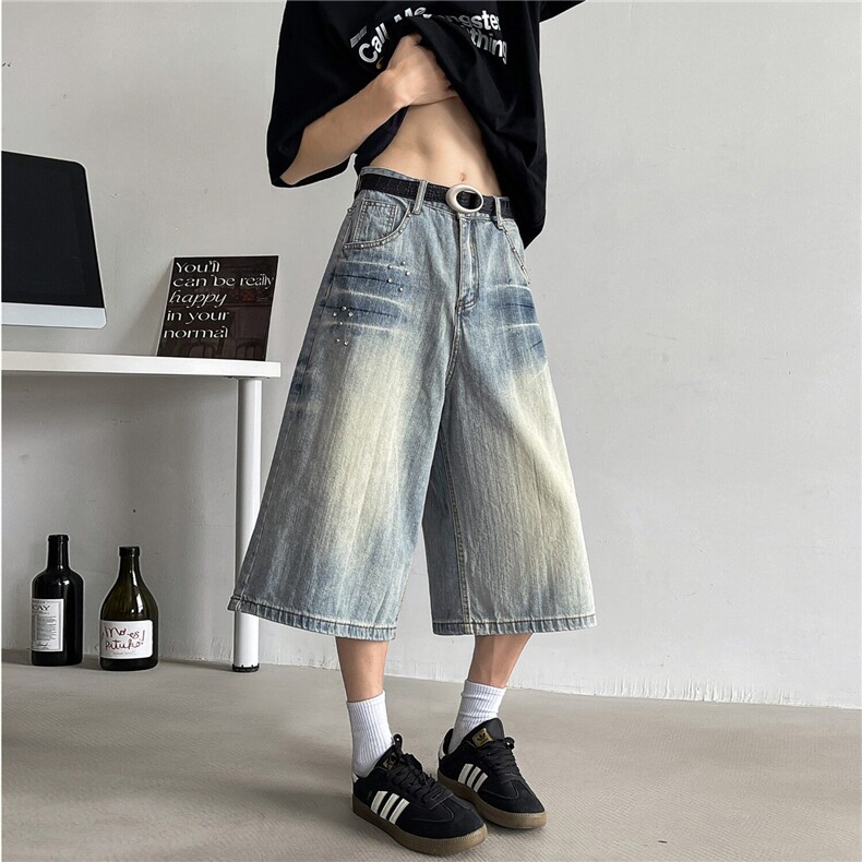 2025新款阔腿七分牛仔裤柳钉设计宽松直筒中裤百搭现货K8567-P42，男装牛仔裤，星座512-3