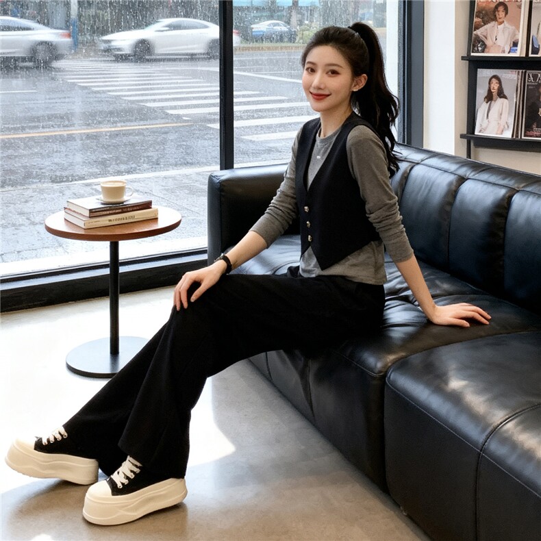 韩版时尚休闲套装女秋季新款马甲假两件长袖上衣宽松阔腿裤两件套,女装套装/套裙,江南