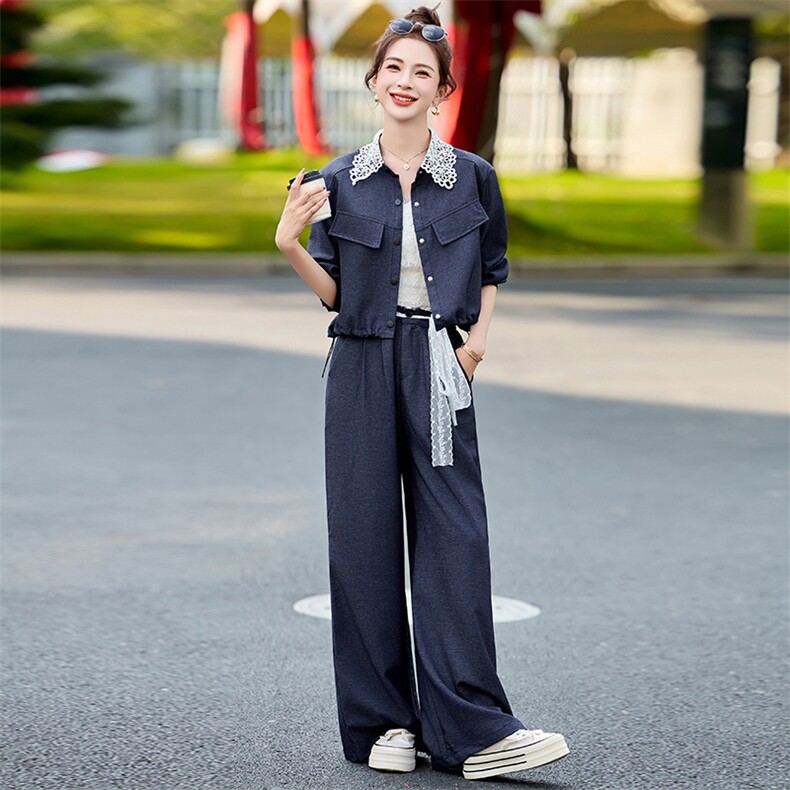 牛仔套装女2025开春季新款超火韩系甜美小香风减龄蕾丝阔腿裤穿搭,商品下架区,韩然一族