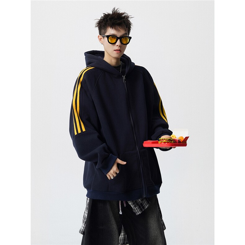 8XL-M秋冬美式运动三条杠条纹开衫卫衣连帽特大码宽松JK5206,男装卫衣,电商B238
