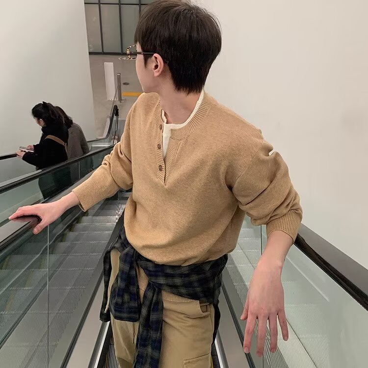 美式复古男士亨利衫长袖慵懒针织上衣t恤男款内搭重磅亨利领上衣图片