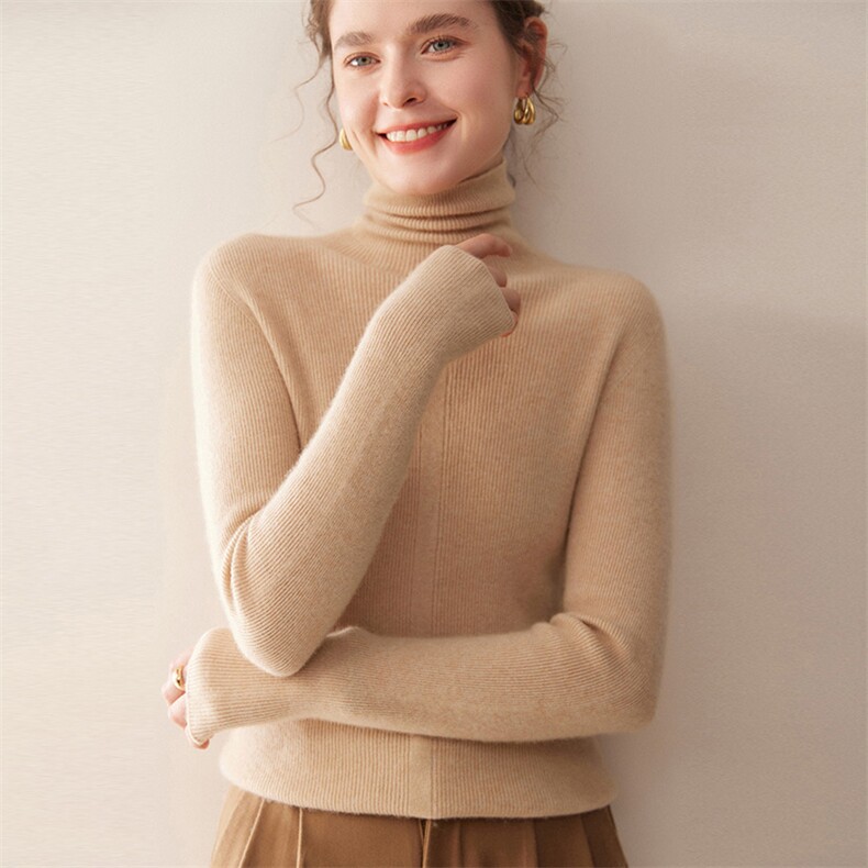 2025秋冬百搭时尚一线高领抽条羊绒衫，女装羊绒衫，珍丝贝尔