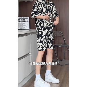 短袖衬衫男+短裤男套装男100%聚酯纤维M-5XL大码TZ78701P50控98图片