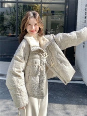 撞色短款小香风碎花羽绒服2025新款女冬独特漂亮毛绒领派克服外套，女装羽绒服，慧尚2-185