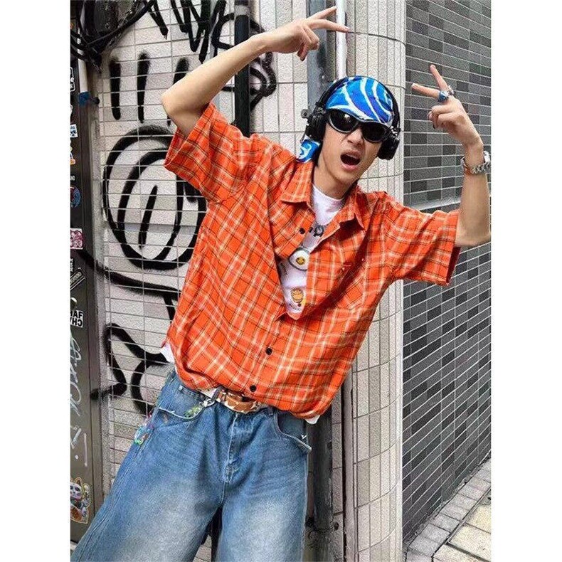 格子衬衫短袖男夏季情侣休闲衬衣美式cleanfit半袖WLCS2044-P38,男装T恤,星座1008