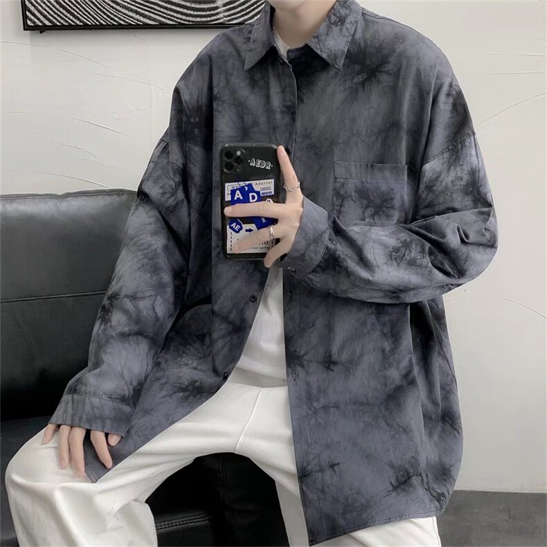 ins潮流薄衬衫男春夏宽松休闲印花长袖衬衣港风百搭外套C121p33,男装衬衫,星座1013