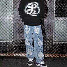 破洞牛仔裤男2025春秋新款美式复古直筒裤潮牌高街宽松直筒休闲裤，男装休闲裤，星座506A