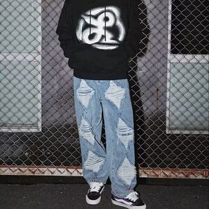 破洞牛仔裤男2025春秋新款美式复古直筒裤潮牌高街宽松直筒休闲裤图片