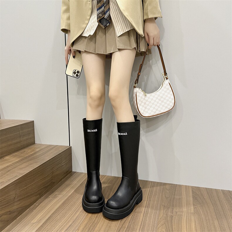 巴黎同款~中高筒复古长靴女2023秋新款黑色厚底粗跟骑士靴子，女鞋长靴，电商A223