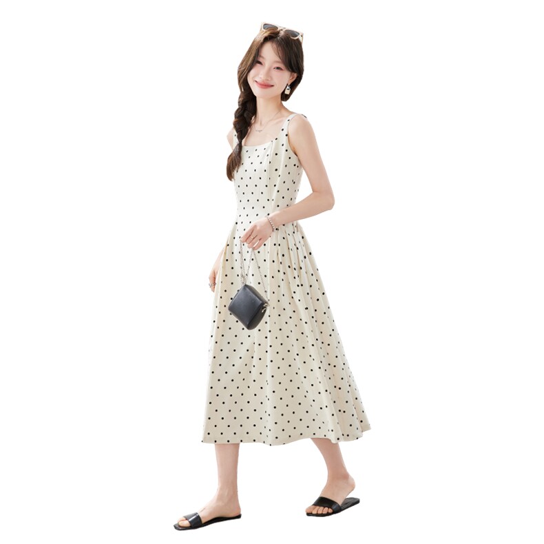 《现货26夏上新》气质波点收腰显瘦背心吊带连衣裙女,商品下架区,苗苗