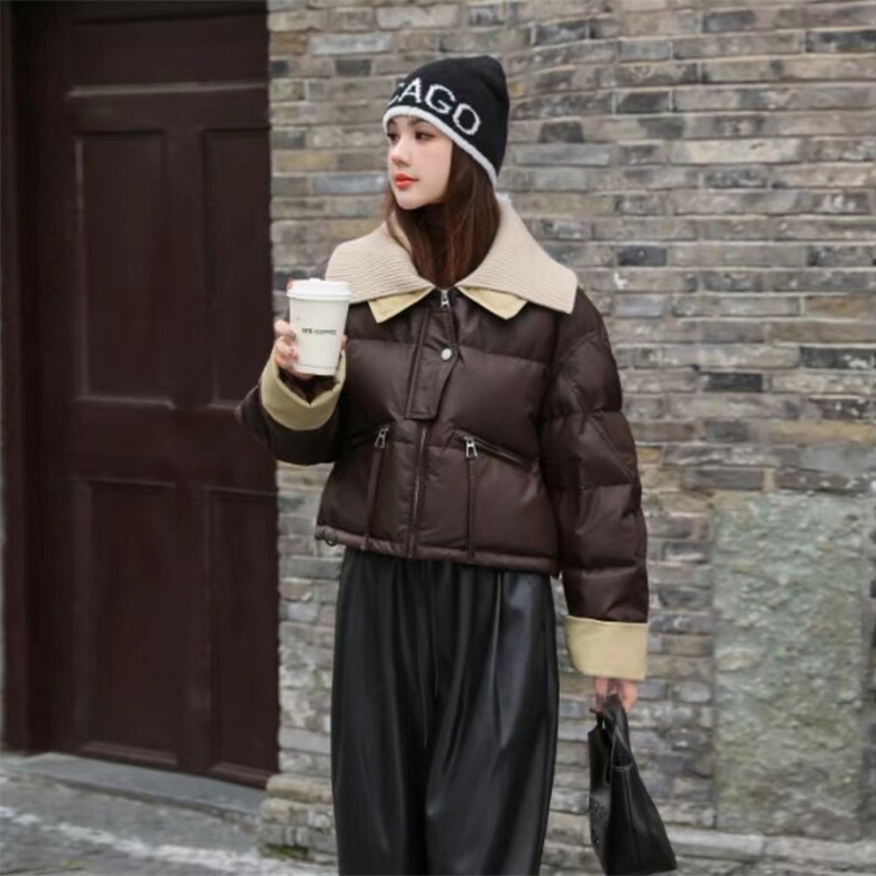 2024冬装新款时尚针织皮衣鹅绒服充绒量90%,女装羽绒服,曼琳思菲