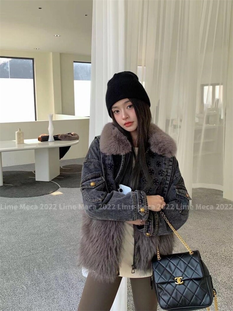 【现货】2022年冬装环保毛拼接牛仔羽绒服，女装羽绒服，Lime meca 俪米