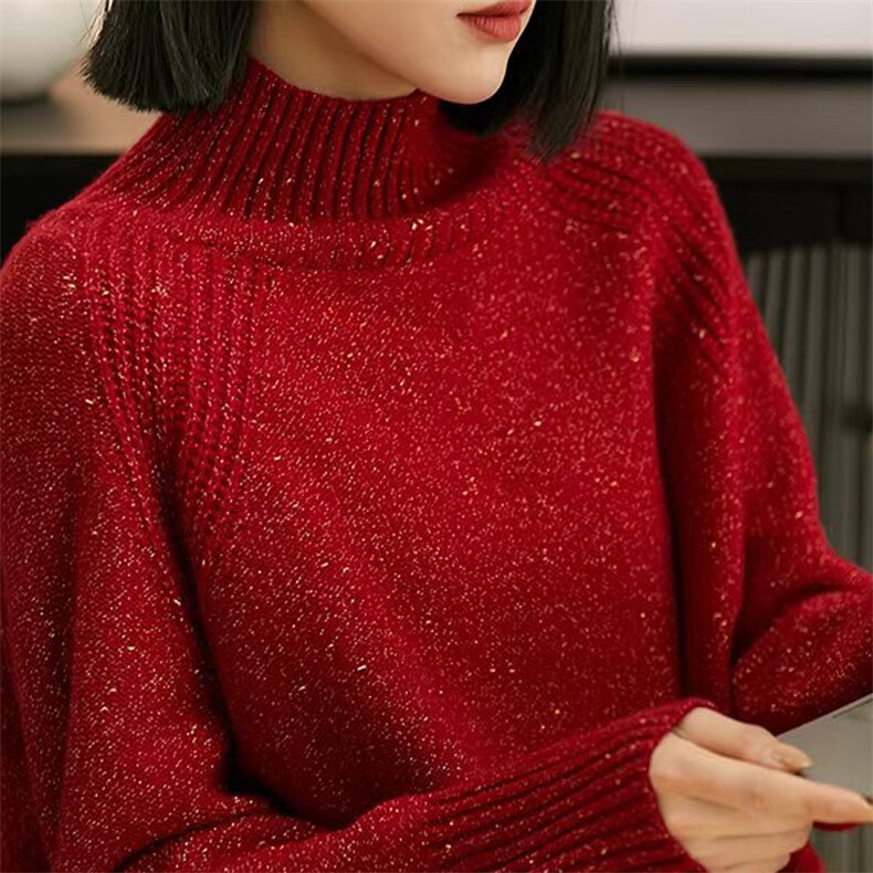 亮丝金豆纱羊绒衫女软糯保暖慵懒毛衣套头2025秋冬高领针织羊毛衫,女装羊毛衫,唯若美羊绒