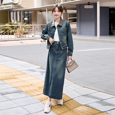 潮牌复古时尚牛仔套装女2024春秋新款洋气炸街短外套阔腿裤两件套，女装套装/套裙，潮流依族