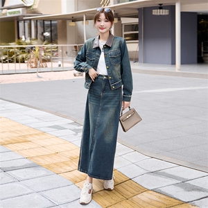 潮牌复古时尚牛仔套装女2024春秋新款洋气炸街短外套阔腿裤两件套图片