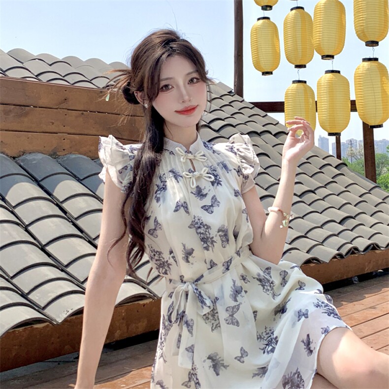 新中式风印花盘扣飞飞袖小个子连衣裙女2C276-L3499-P105-K155,女装连衣裙,2C276