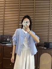 韩系文艺风撞色领子胸前口袋设计感开衫外套，女装短外套，湘姗