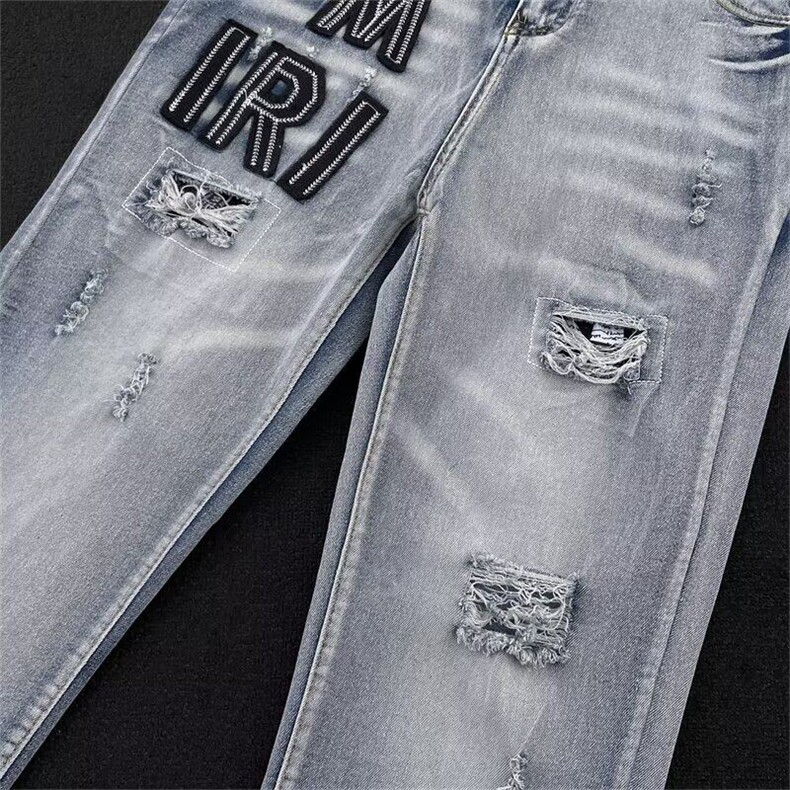刺绣字母潮流修身牛仔裤男士高端破洞补丁乞丐裤小脚裤RK2849-P47,男装牛仔裤,星座412-2