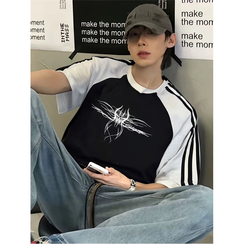 抖音得物品质二开240克宽松纯棉美式潮牌插肩三杠织带短袖T恤，男装T恤，电商A486