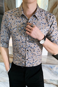 312A-115-P55 2025新款韩版修身帅气花衬衫英伦时尚男士衬衣A图片