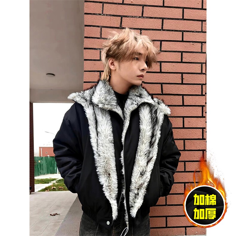 现货高品质美式高街重磅狼王座山雕毛毛领假两件棉衣加厚棉服外套，男装棉衣，电商A443