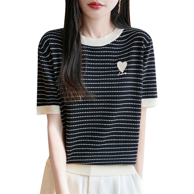 2025春季新款宽松休闲圆领短袖t恤女精仿夏季薄款刺绣针织衫上衣,针织衫/毛衣,九嘉羊绒