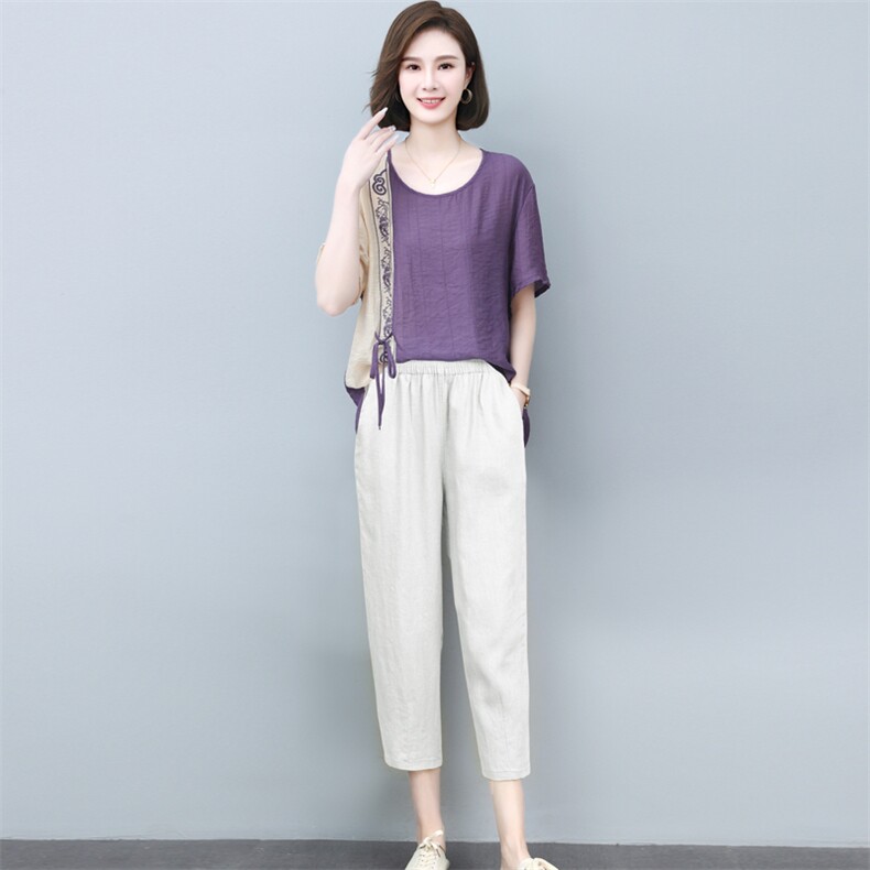 小个子棉麻套装女2025年夏季新款时尚宽松休闲薄款苎麻两件套裤子,女装套装/套裙,璐依舞
