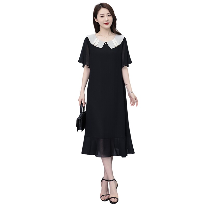 （现货）胖mm短袖雪纺连衣裙女2025夏季新款娃娃领黑色气质裙子,女装连衣裙,深妍伊美