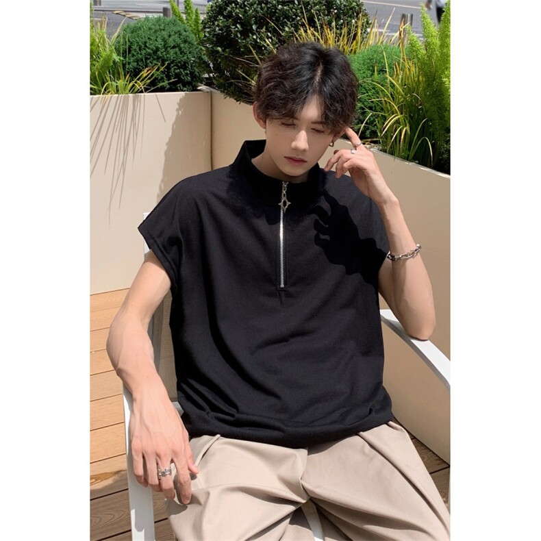 现货夏季薄款宽松宽肩无袖立领运动坎肩背心纯色拉链t恤BX08-P35,男装T恤,星座205-5