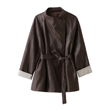 飒美气质大翻领皮衣风衣女2025秋季新款中长款收腰显瘦高级感外套，女装皮衣，流量+