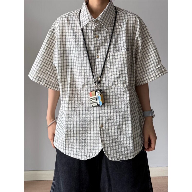 夏季新款日系复古蓝色格子短袖衬衫男女休闲宽松小众设计感衬衣潮,男装T恤,星座506A