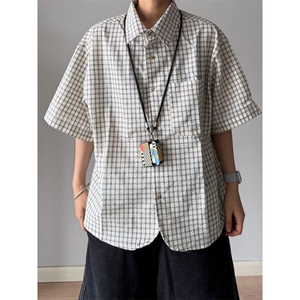 夏季新款日系复古蓝色格子短袖衬衫男女休闲宽松小众设计感衬衣潮图片