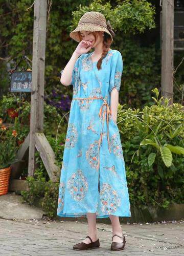 现货2021春夏新款民族风苎麻印花沙滩连衣裙，女装连衣裙，美诗欧 Missorly