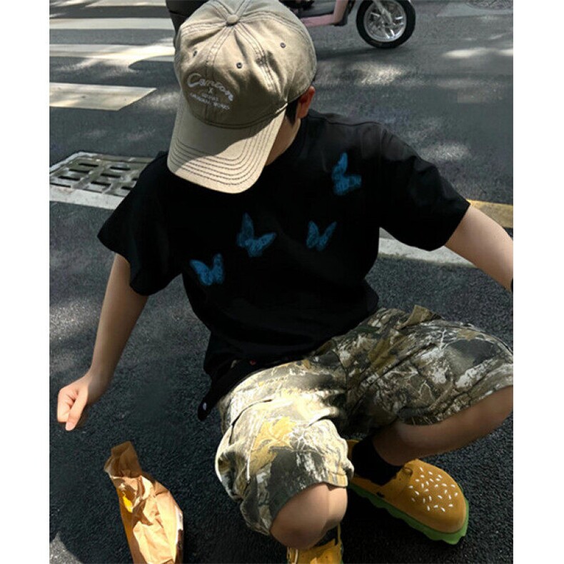 暗黑系蓝蝴蝶印花黑色宽松短袖索罗娜cleanfit凉感T恤T02525,男装T恤,星座1116A（原606A-3）
