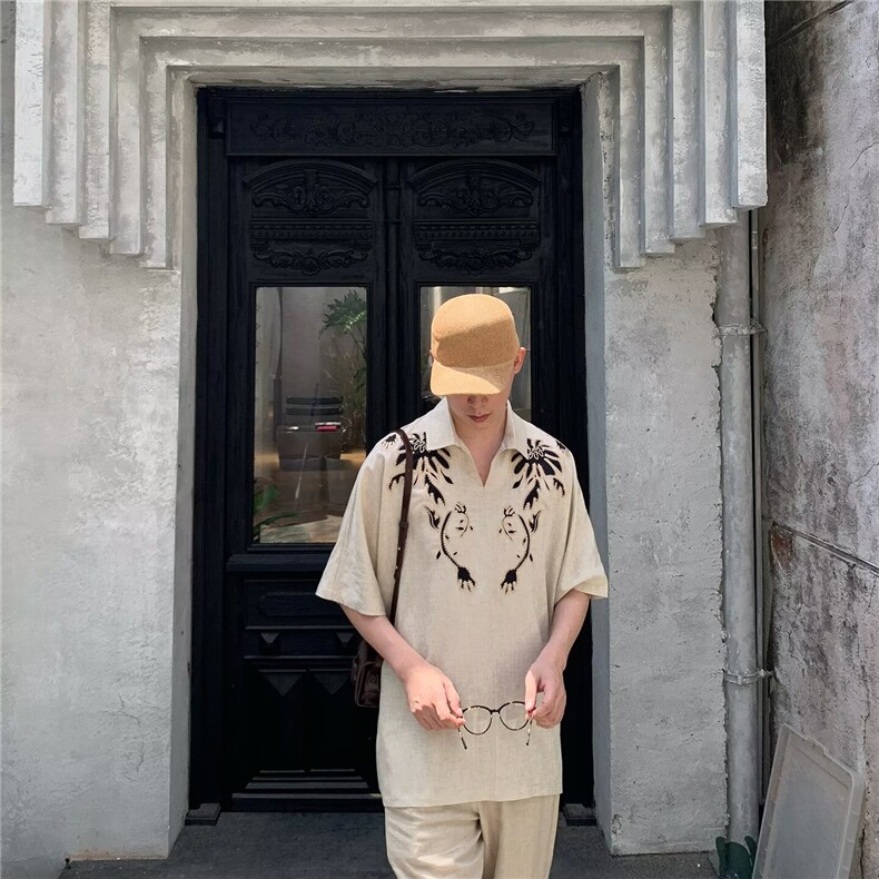 青少年2025年夏季新款重磅刺绣度假风五分t恤衬衫上衣外套设计感,男装T恤,星座506A