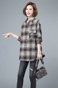 2021春秋季新款女装大码宽松加厚格子长袖衬衫中长款休闲衬衣上衣图片